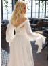 Off Shoulder Beaded Ivory Pleated Chiffon Wedding Dress